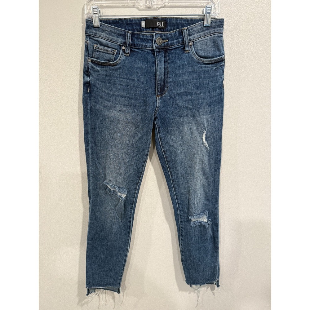 Kut from the Kloth Ankle Jeans Women's 0P Blue Denim Reese‎ Straight Distressed
